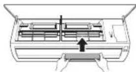 Diagram of a car air conditioner unit with internal compartments and airflow direction arrow (no text or labels)