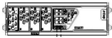 Technical diagram of a rack-mounted server or control unit with labeled ports and indicators