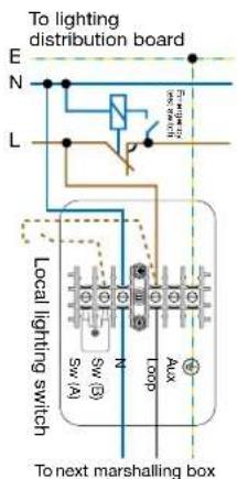 To lighting distribution board E N L Local lighting switch Sw (A) Sw (B) N Loop Aux To next marshalling box