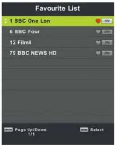 Favourite List 1 BBC One Lon 6 BBC Four 12 Film4 79 BBC NEWS HD Page Up/Down 1/1 Select
