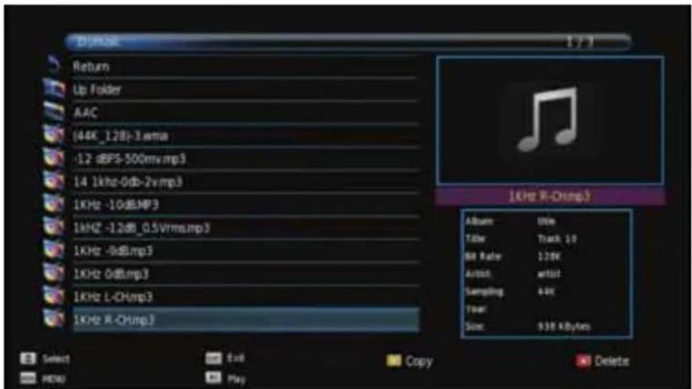 D:\Users\17\1 Return Up Folder AAC (44K_12B)-3.wma -12 dBPS-500mv.mp3 14 1kHz-0db-2v.mp3 1KHz -10dB.mp3 1kHz -1.2dB_0.5Vrms.mp3 1KHz -8dB.mp3 1KHz 0dB.mp3 1KHz L-CHmp3 1KHz R-CHmp3 [1kHz R-Chmp3] Album: 10W Title: Track 10 Bit Rate: 128K Artist: artist Sampling: 64K Year: Size: 938 KBytes Select Exit Copy Delete MENU Play