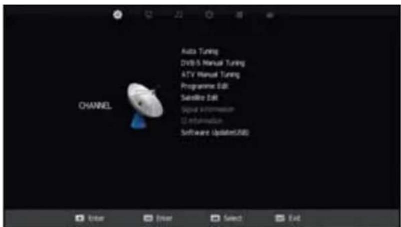 Auto Tuning DVB/S Manual Tuning ATV Manual Tuning Programme Edit Sensile Edit Signal Information Information Software Updates/USB