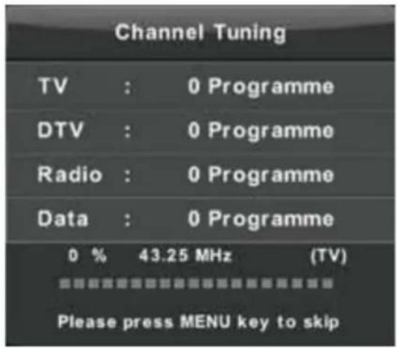Channel Tuning TV : 0 Programme DTV : 0 Programme Radio : 0 Programme Data : 0 Programme 0 % 43.25 MHz (TV) Please press MENU key to skip