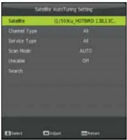 Satellite AutoTuning Setting Satellite (1/59/Ku_HOTBPO 138.13C... Channel Type All Service Type All Scan Mode AUTO Uncable Off Search Select Adjust Return
