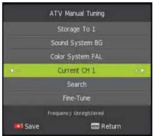 ATV Manual Tuning Storage To 1 Sound System BG Color System FAL Current CH 1 Search Fine-Tune Frequency Unregistered Save Return