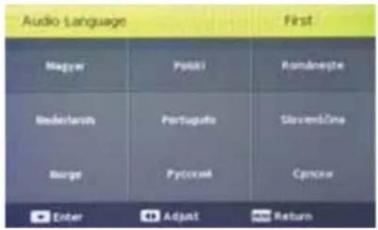 Audio Language Magyar Pakki Romaneste Nederations Portugato Slovenzione Surge Pyccrual Ciprocro Enter Adjust Return