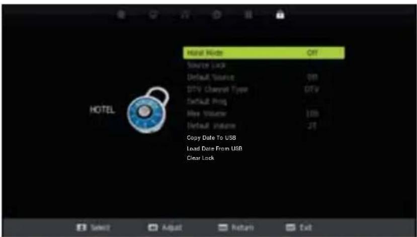 Hotel Main Rate: Off Source Lock Default Source: Off DTV Channel Type: DTV Default Ping New Volume: 100s Default Insurc: 20 Copy Date To USB Load Date From USB Clear Lock