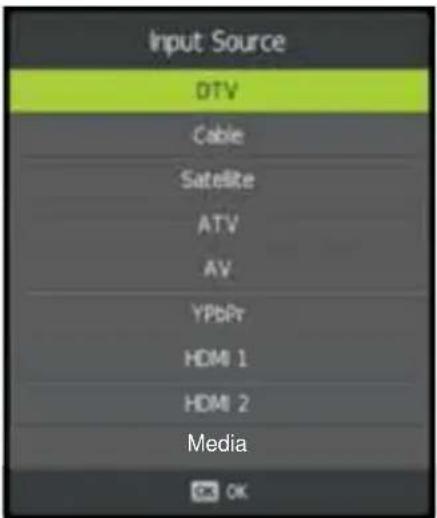 Input Source DTV Cable Satellite ATV AV YPbPt HDMI 1 HDMI 2 Media OK
