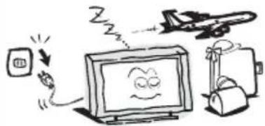 Cartoon illustration showing a computer monitor with a smiling face, connected to an airplane and a device with a plug, indicating a warning or alert.