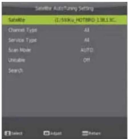 Satellite AutoTuning Setting Satellite (1/SINK_v_HOTBPD 138LSI.3C. Channel Type All Service Type All Scan Mode AUTO Unstable Off Search Select Adjust Finish