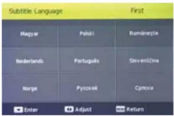 Subtitle Language First Magyar Polski Romaneste Nederlands Portugues SloveniČina Borge Pyccxiš Cynexa Enter Adjust Return