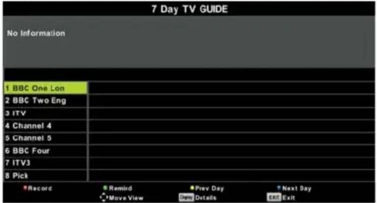 7 Day TV GUIDE No Information 1 BBC One Lon 2 BBC Two Eng 3 ITV 4 Channel 4 5 Channel 5 6 BBC Four 7 ITV3 8 Pick Record Remind Prev Day Next Day Move View New Details Exit Exit