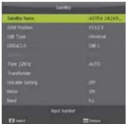 Satellite Satellite Name ASTRA-1N2KR... Orbit Position DISA-2 B USB Type Universal DBB+CL0 LNE 1 Time 22V/Hz AUTO TransPunder Uncase Setting ON Hotor ON Band YU Input number Select return