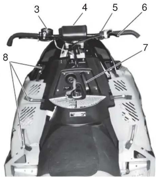 Labeled diagram of a snowmobile vehicle showing eight numbered components for identification.