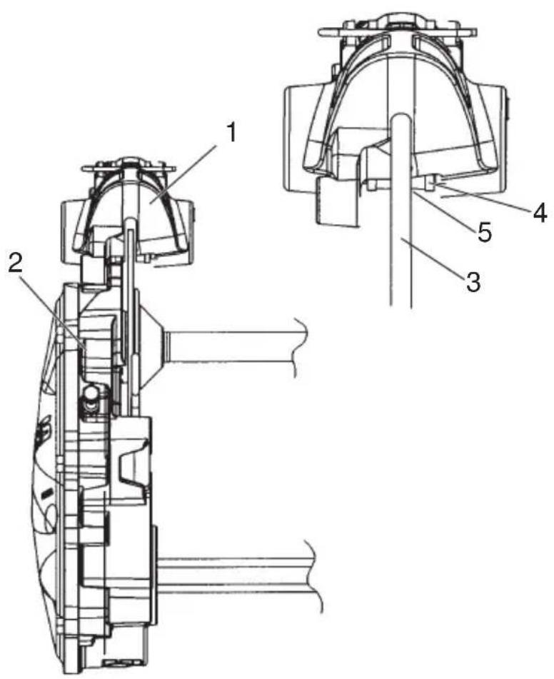 Technical diagram of a mechanical assembly with labeled parts 1 through 5