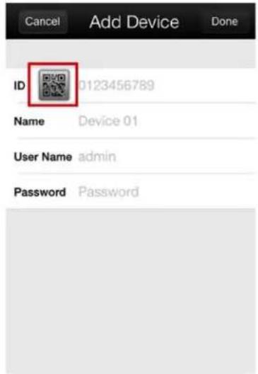 Cancel Add Device Done ID 0123456789 Name Device 01 User Name admin Password Password
