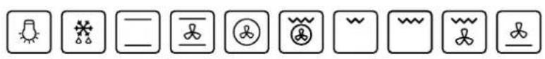 Row of ten symbolic icons including sun, lightning, gear, and butterfly symbols in black boxes