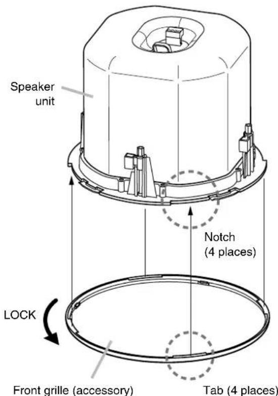Speaker unit Notch (4 places) LOCK Front grille (accessory) Tab (4 places)
