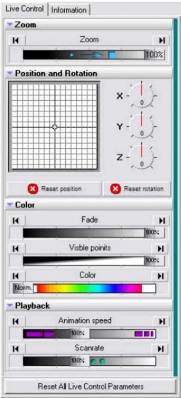 Live Control | Information | Zoom Zoom 100% Position and Rotation X 0 Y 0 Z 0 Reset position Reset rotation Color Fade 100% Visible points 100% Color Norm. Playback Animation speed 100% Scanrate 100% Reset All Live Control Parameters