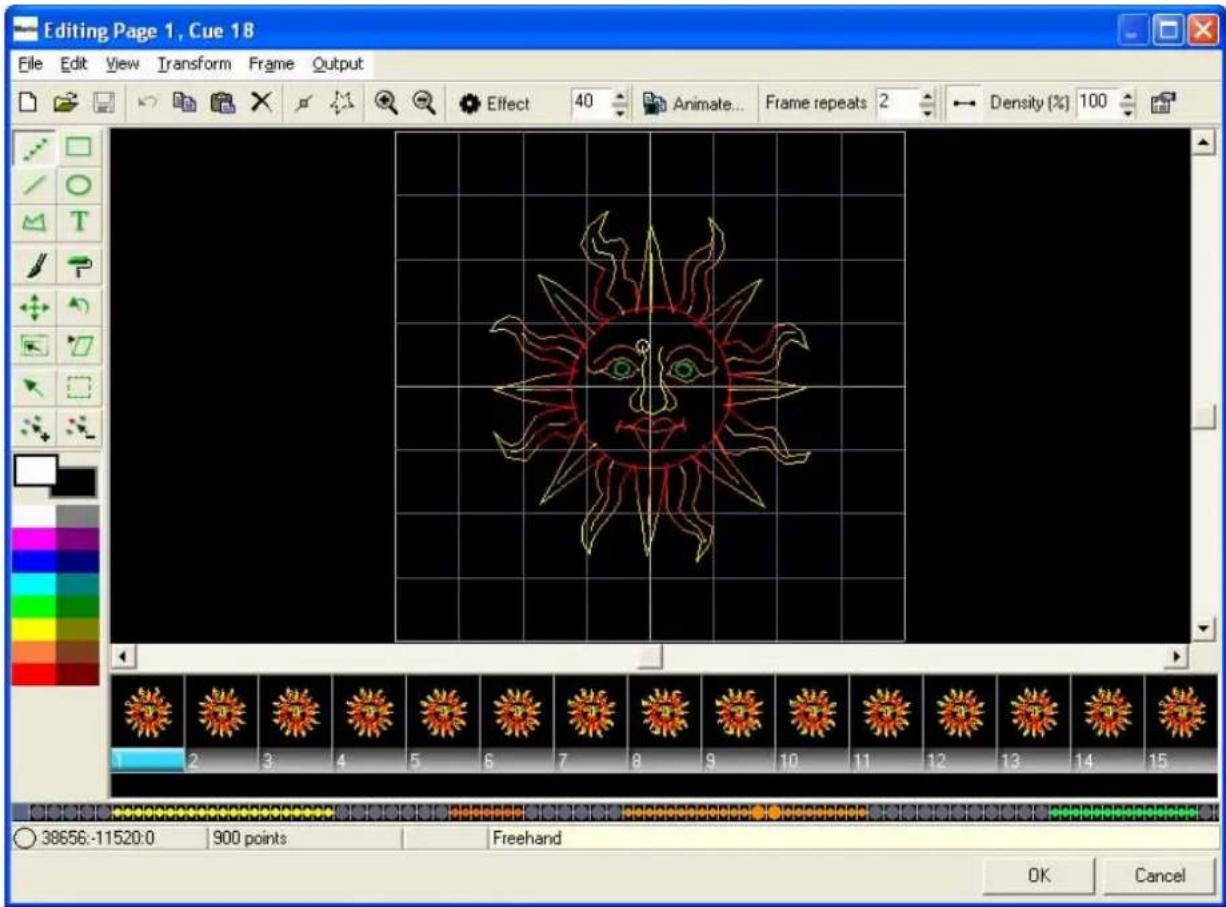 Editing Page 1, Cue 18 File Edit View Transform Frame Output Effect 40 Animate... Frame repeats 2 Density (%) 100 38656:-11520:0 900 points Freehand OK Cancel