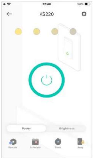 22:48 54% KS220 Power Brightness Presets Schedule Timer Away
