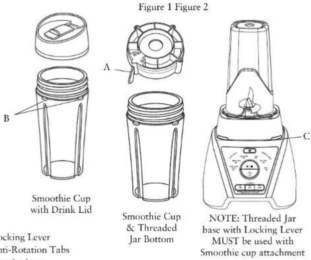 Figure 1 Figure 2 A B Smoothie Cup with Drink Lid Smoothing Cup & Threaded Jar Bottom C NOTE: Threaded Jar base with Locking Lever MUST be used with Smoothie cup attachment