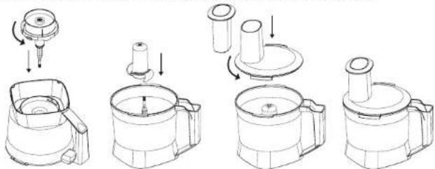 Technical diagram showing a multi-step assembly process of a kitchen fan or blender with labeled components and directional arrows.