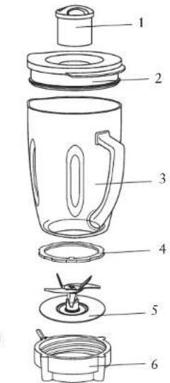 Exploded view diagram of a blender with numbered parts for identification