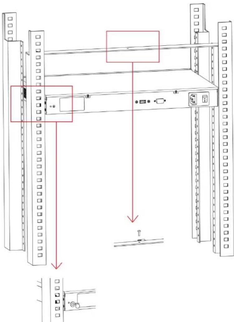 Technical diagram showing server rack mounting with red annotations highlighting structural changes and component placement.