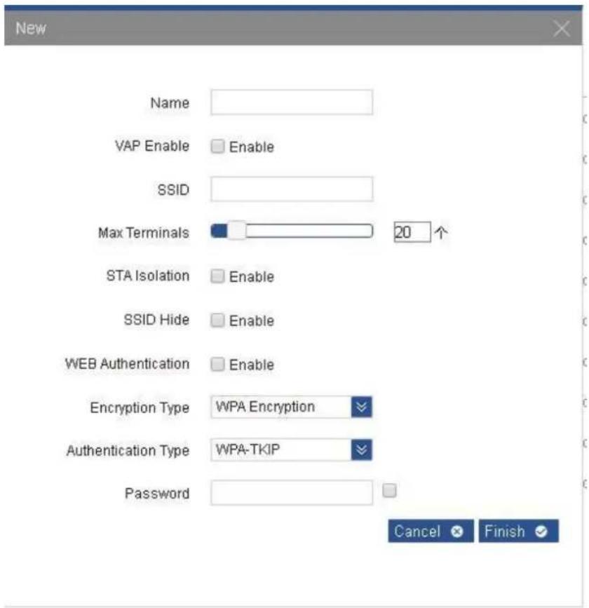 New Name VAP Enable Enable SSID Max Terminals 20 个 STA Isolation Enable SSID Hide Enable WEB Authentication Enable Encryption Type WPA Encryption Authentication Type WPA-TKIP Password Cancel Finish