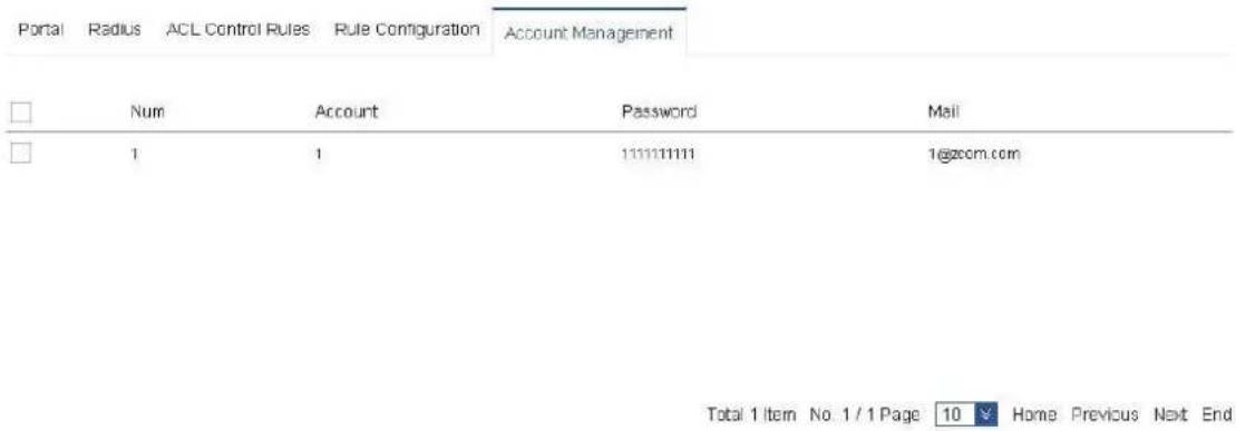 Portal Radius ACL Control Rules Rule Configuration Account Management Num Account Password Mali 1 1 111111111 1@zccm.com Total 1 Item No. 1 / 1 Page 10 Home Previous Next End