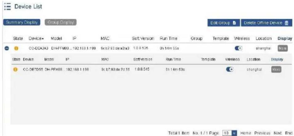 Device List Summary Display Group Display Edit Group Delete Online Device State Device Model IP MAC Soft Version Run Time Group Template Wireless Location Display CC-DEA3A0 DH-PFM09...192.168.1.199 9c b7.93 dex3a0 1.0.8.526 0h 14m 55s shanghai More State Device Model IP MAC Soft Version Run Time Template Wireless Location Display CC-DETD55 DH-PFM68...192.168.1.198 9c b7.93 dex7d 55 1.0.8.545 0h 14m 53s shanghai More Total 1 Item No: 1 / 1 Page 10 Home Previous Next End