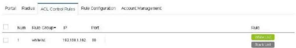 Portal Radius ACL Control Rules Rule Configuration Account Management Num Rule Group IP Port Rule 1 whiteList 192.158.1.162 50 WhiteList BlackList