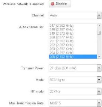 Wireless network is enabled Disable Channel Auto Auto channel list 247 (2.362 GHz) 248 (2.367 GHz) 249 (2.372 GHz) 250 (2.377 GHz) 251 (2.382 GHz) 252 (2.387 GHz) 253 (2.392 GHz) 254 (2.397 GHz) 255 (2.402 GHz) Transmit Power 27 dBm (601 mW) Mode 802.11g+n HT mode 20MHz Max Transmission Rate MCS15