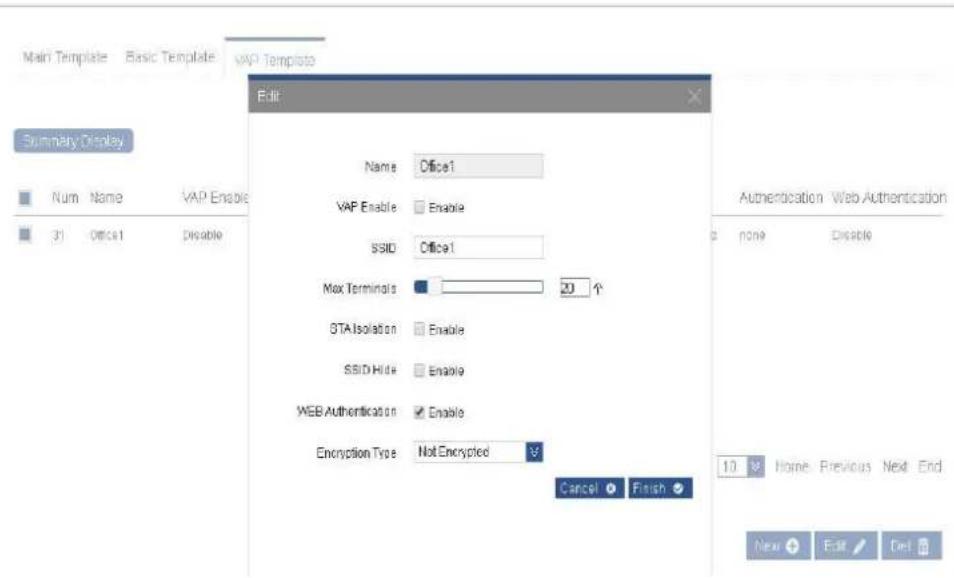Main Template Basic Template VAP Template Summary Display Num Name VAP Enable 31 Office1 Disable Edit Name Office1 VAP Enable Enable SSID Office1 Max Terminals 20 个 STAIsolation Enable SSID Hide Enable WEB Authentication Enable Encryption Type Not Encrypted Cancel Finish Authentication Web Authentication none Disable 10 Home Previous Next End New Edit Ctrl