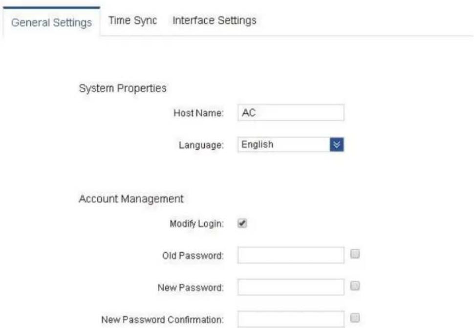 General Settings Time Sync Interface Settings System Properties Host Name: AC Language: English Account Management Modify Login: Old Password: New Password: New Password Confirmation: