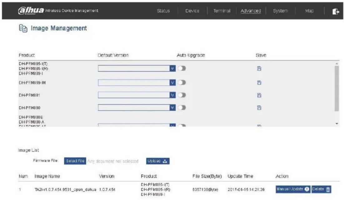 alhua Wireless Device Management Status Device Terminal Advanced System Map Image Management Product Default Version Auto Upgrade Save DH-PFM885-IT DH-PFM885-IR DH-PFM890-I DH-PFM889-IM DH-PFM881 DH-PFM880 DH-PFM890E DH-PFM890-A DH-PFM890-10 Image List Firmware File: Select File Any document not selected Upload Num Image Name Version Product File Size(Byte) Update Time Action 1 TA2I-V1.0.7.454.9531_open_dahua 1.0.7.454 DH-PFM885-IT DH-PFM885-IR DH-PFM889-1 6357138(Byte) 2017-04-15 14:21:36 Manual Update Delete