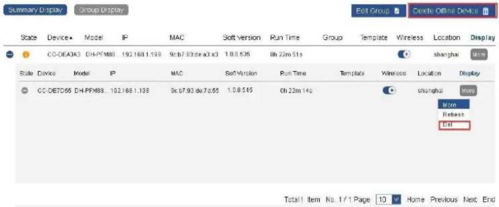 Summary Display Group Display Edit Group Delete Offline Device State Device Model IP MAC Soft Version Run Time Group Template Wireless Location Display CO-DEA043 DH-PFM88 192.168.1.198 9c:b7.93 de a3 a3 1.0.8.535 0h 22m 51s shanghai More State Devices Model IP MAC Soft Version Run Time Template Wireless Location Display CC-DETD66 DH-PFM88...192.168.1.198 9c:b7.93 de:7d:65 1.0.8.545 0h 22m 14s More Refresh Del Total! Item No. 1/1 Page 10 Home Previous Next End