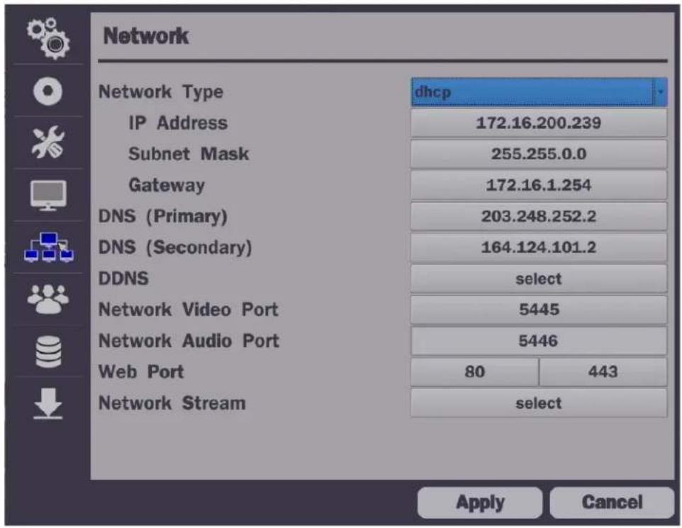 Network Network Type dhcp IP Address 172.16.200.239 Subnet Mask 255.255.0.0 Gateway 172.16.1.254 DNS (Primary) 203.248.252.2 DNS (Secondary) 164.124.101.2 DDNS select Network Video Port 5445 Network Audio Port 5446 Web Port 80 443 Network Stream select Apply Cancel
