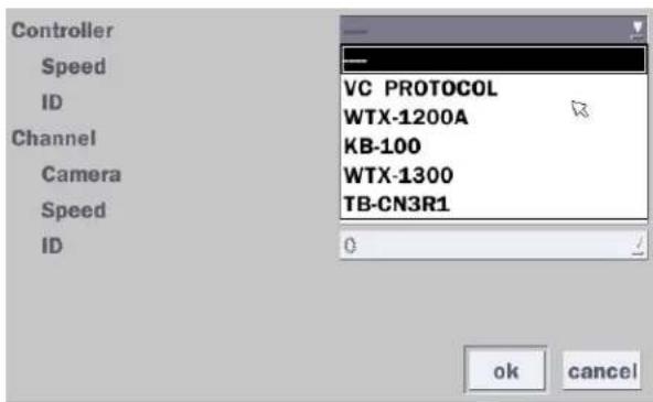 Controller Speed ID Channel Camera Speed ID VC PROTOCOL WTX-1200A KB-100 WTX-1300 TB-CN3R1 0 ok cancel
