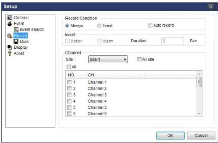 Setup General Event Event search Record Disk Display About Record Condition Always Event Auto record Event Motion Alarm Duration: 5 Sec Channel Site : Site 1 All site All NO. CH 1 Channel 1 2 Channel 2 3 Channel 3 4 Channel 4 5 Channel 5 6 Channel 6 OK Cancel