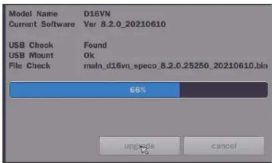 Model Name D16VN Current Software Ver 8.2.0_20210610 USB Check Found USB Mount Ok File Check main_d16vn_speco_8.2.0_25250_20210610.bin 66% upgrade cancel