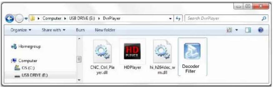 Computer > USB DRIVE (E:) > DvrPlayer Organize Share with Burn New folder Homegroup Computer CIS (C:) USB DRIVE (E:) CNC_Ctrl_Player.dll HDPlayer hi_h264dec_wm.dll Decoder Filter