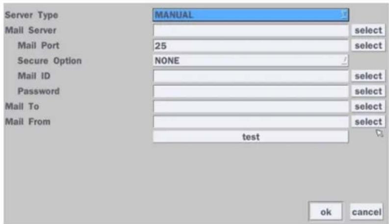 Server Type MAIL Server mail Port Secure Option mail ID Password Mail To Mail From MANUAL select 25 select NONE select select select select test ok cancel