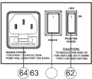 MAINS POWER 100-240V- 50-60HZ,50W FUSE T2AL, 250V FOR 100-240V- POWER +48V ON PHANTOM POWER CAUTION: TO REDUCE THE RISK OF FIRE REPLACE WITH SAME TYPE FUSE AND RATING ⑥4 63 ⑥2