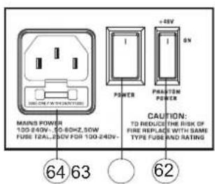 MAINS POWER 130-840V, 50-60HZ, 50W FUSE T2AL, 250V FOR 130-240V- POWER +45V PHASETM POWER CAUTION: TO REDUCE THE RISK OF FIRE REPLACE WITH SAME TYPE FUSE AND RATING ⑥4 63 ⑥2