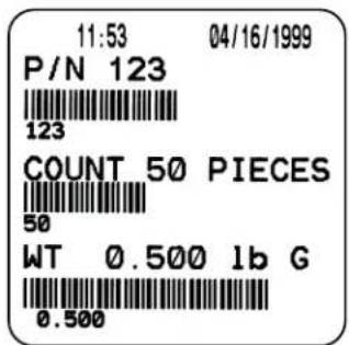 11:53 04/16/1999 P/N 123 123 COUNT 50 PIECES 50 WT 0.500 lb G 0.500