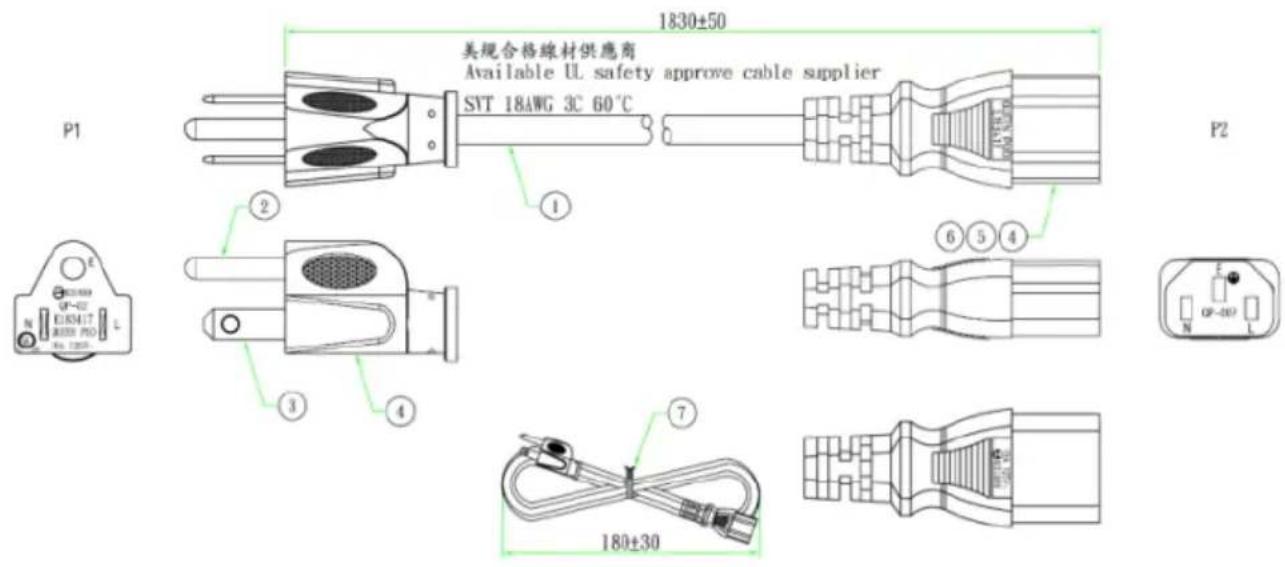 1830±50 关规合格線材供应商 Available UL safety approve cable supplier P1 SYT 18AWG 3C 60℃ ① ② ③ ④ ⑥ ⑤ ④ P2 180±30 ⑦
