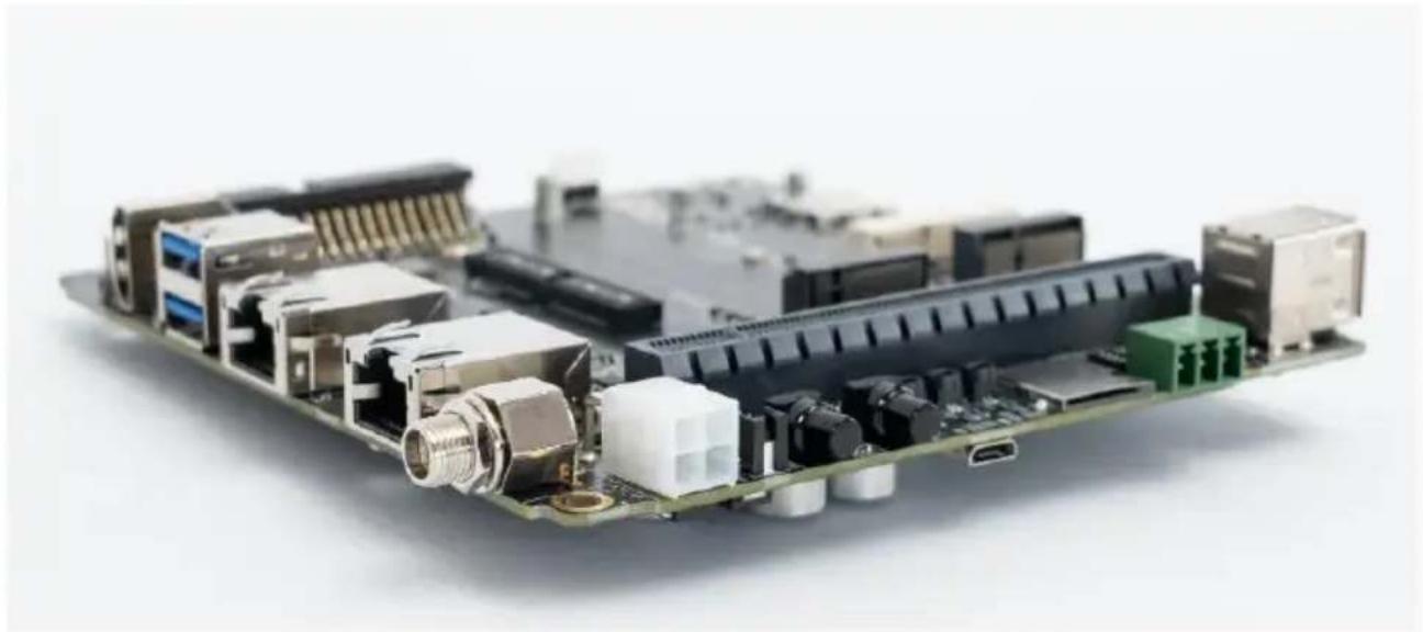Close-up of a computer motherboard with various electronic components (no visible text or labels)