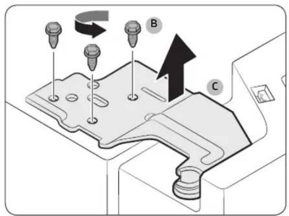 Technical diagram showing screw installation with labeled components A, B, and C, including directional arrows indicating motion or movement.